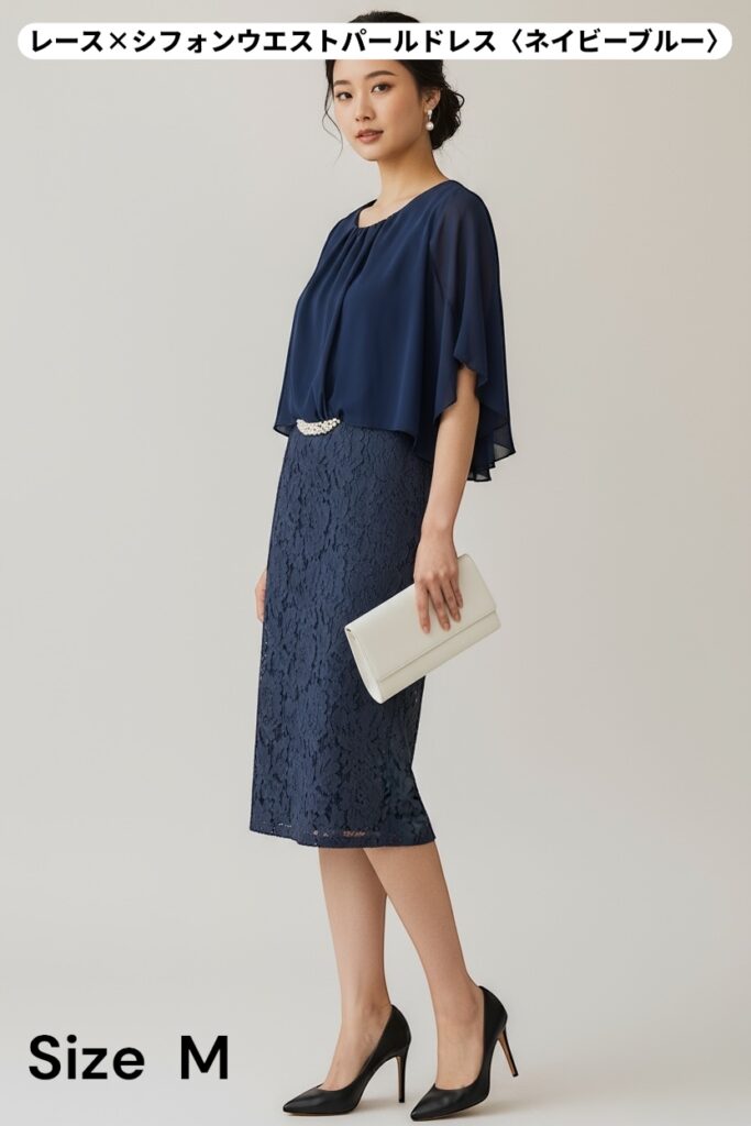 仙台のドレスレンタル&Closetのレース×シフォンウエストパールドレス(ネイビーブルー)。上品なレーススカートと、軽やかに揺れるシフォンのトップが華やかな一着。ウエストのパールモチーフがアクセントになり、スタイルアップ効果も◎(Mサイズ)。