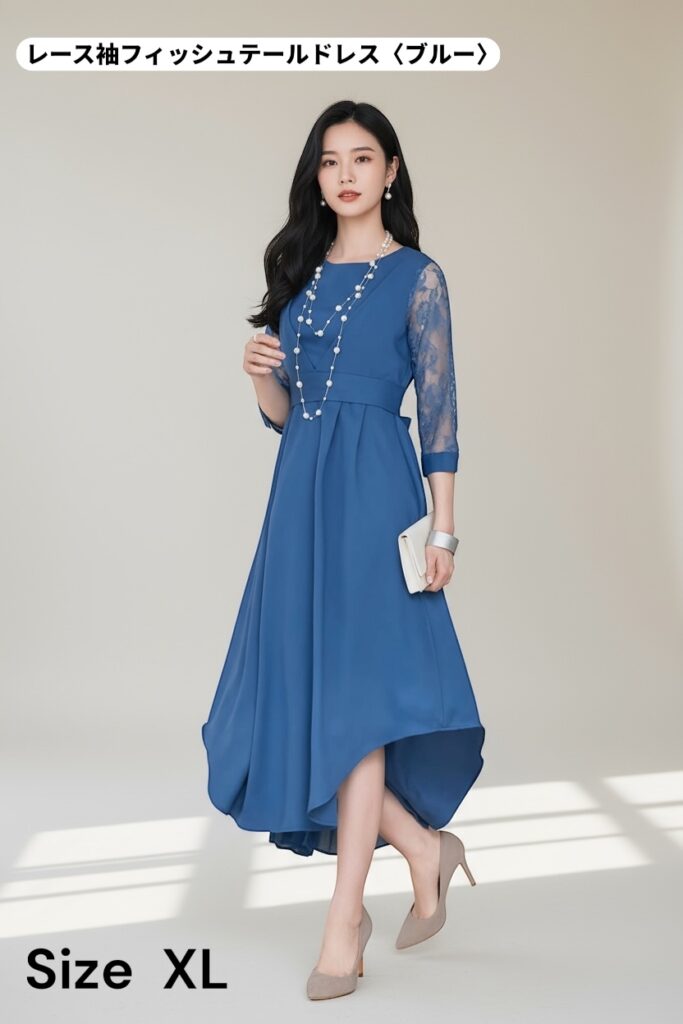 仙台のドレスレンタル&Closetのレース袖フィッシュテールドレス(ブルー)。結婚式やパーティーにおすすめのフォーマルワンピース